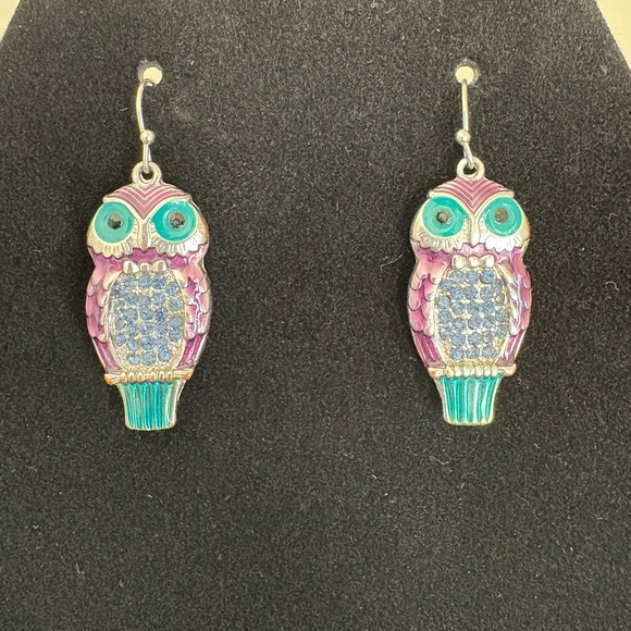 Vintage Jewelry - Vintage Enamel Purple and Teal Blue Owl Earrings